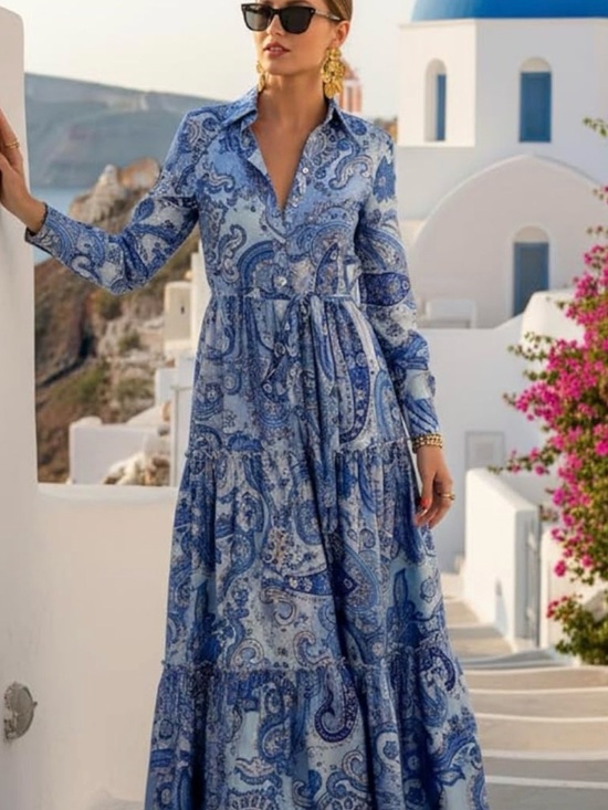 not sure Dresses & Skirts - Blue Paisley Maxi Shirt Dress with Tie Waist